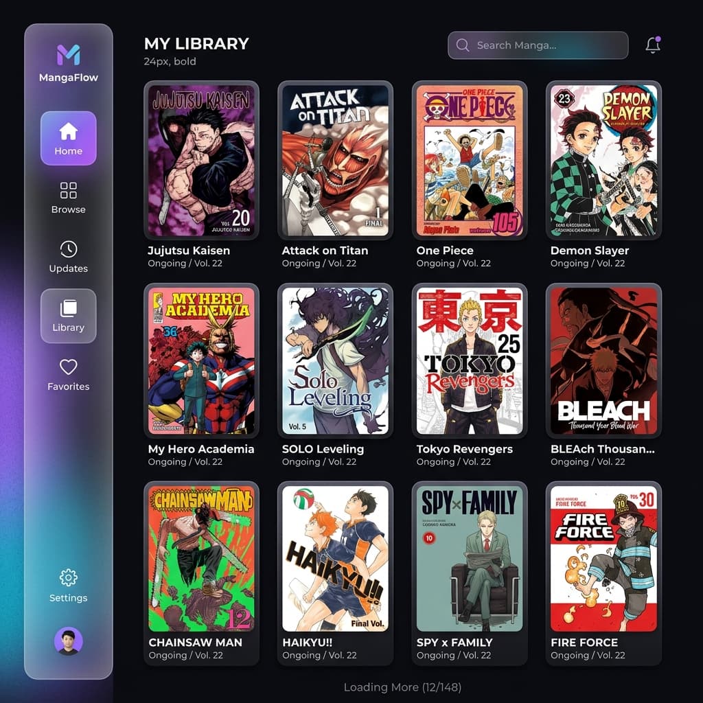 Yomira application screenshot showing a beautiful manga library interface