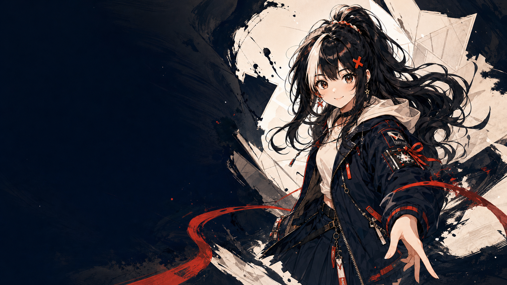 Mira, Yomira's 21-year-old visual ambassador, with a prominent white front streak and red X hair clip in a dramatic ink-and-paper manga scene.
