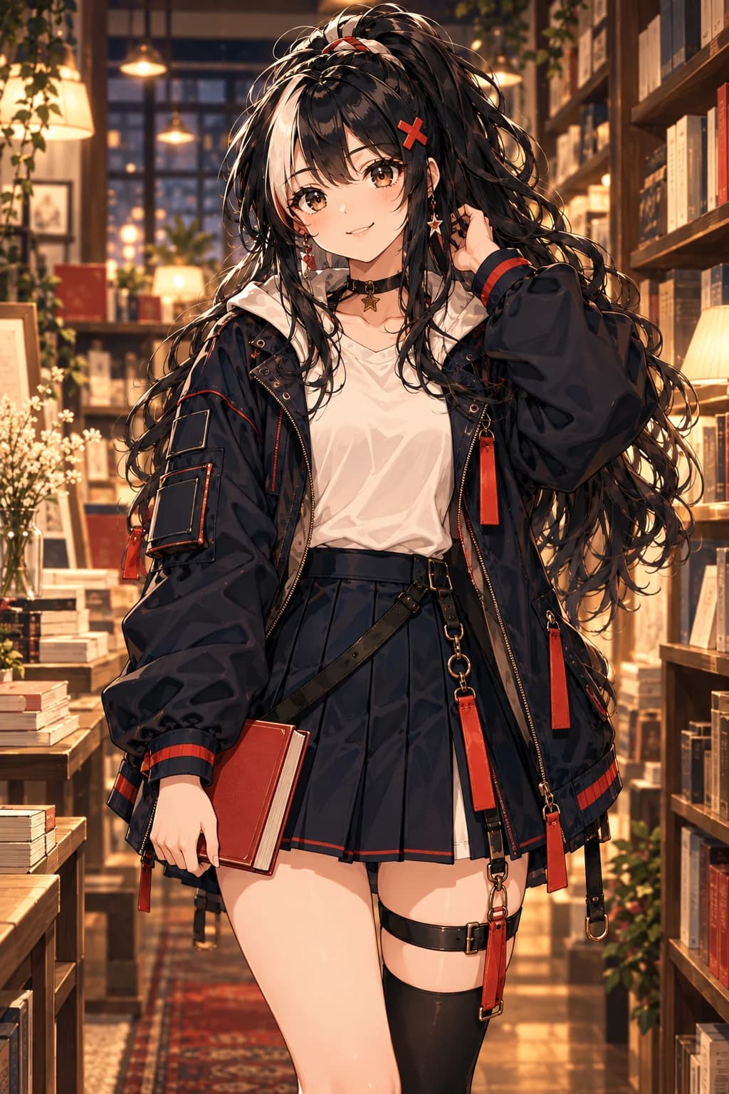 Mira in a warmly lit bookstore, with her long black ponytail, white front streak and red X hair clip.