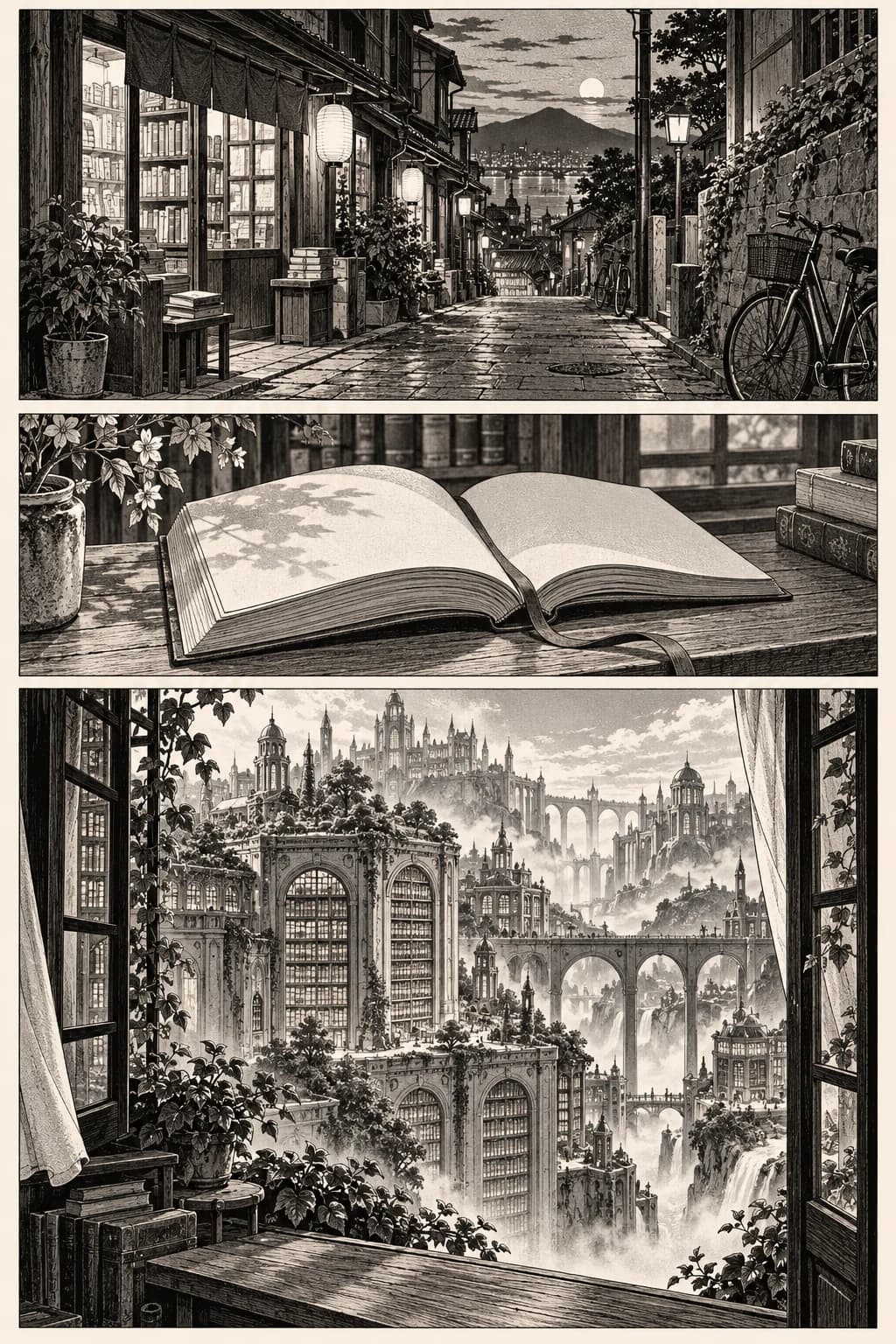 Original sample manga page showing a bookstore street, an open book, and a city of libraries.