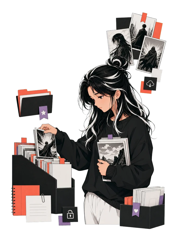 First-party Yomira library artwork showing organized manga volumes, private folders, a lock, bookmarks, and an offline download symbol.