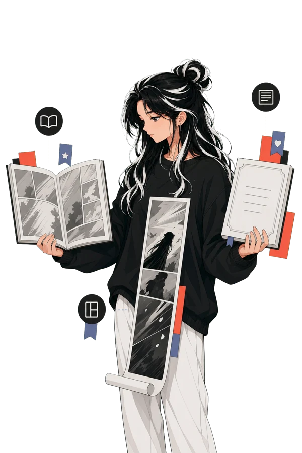 First-party Yomira reader artwork showing a young adult reader holding manga pages, a long-scroll chapter, and a book.