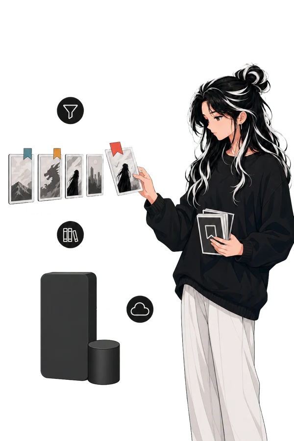First-party Yomira source artwork showing a filtered set of titles flowing into a private local library and optional cloud storage.
